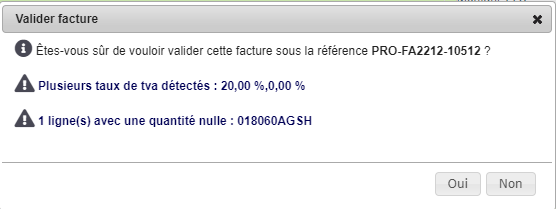 Alerte de contr&ocirc;le de validation sur une facture