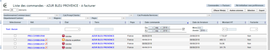 s&eacute;lection des commandes &agrave; regrouper en une facture client dans DoliPlus