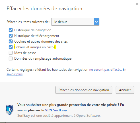 Options de vidage du cache et des cookies