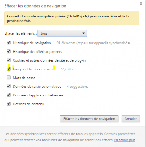 Fen&ecirc;tre pour effacer les donn&eacute;es de navigation