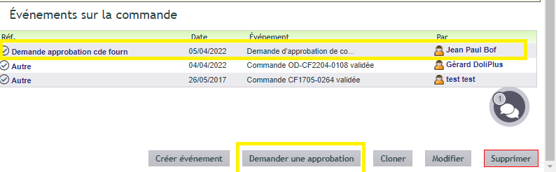 Demande d'approbation d'une commande fournisseur DoliPlus
