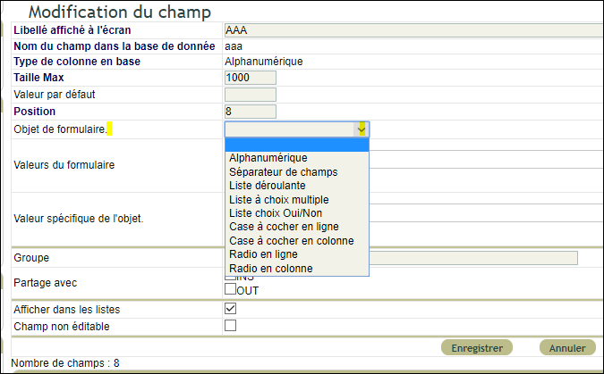 Param&egrave;tres d'un champ personnalis&eacute; DoliPlus