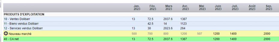 Lignes de pr&eacute;visions du compte de r&eacute;sultat DoliPlus