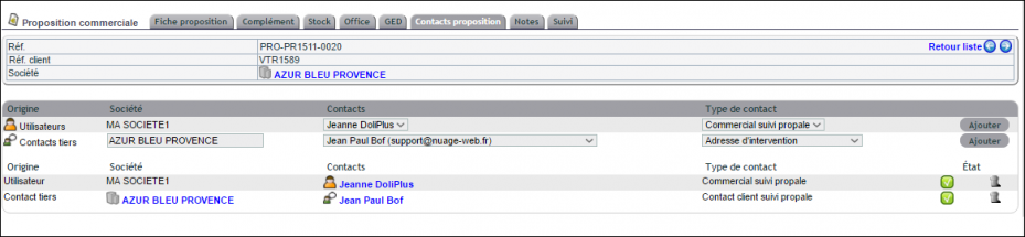 Contacts d'une proposition commerciale DoliPlus