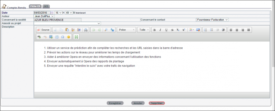 comptes-rendus dans DoliPlus : formulaire de saisie avec &eacute;diteur de texte