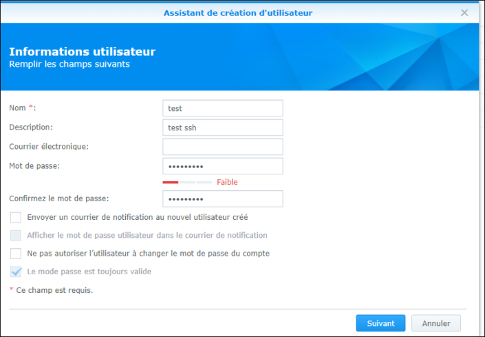 cr&eacute;ation d'un utilisateur pour la sauvegarde vers NAS Synology