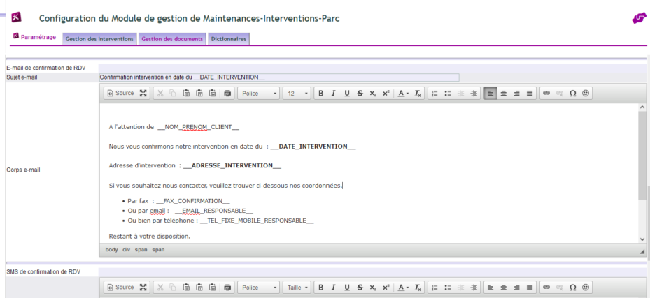 Configuration des messages de confirmation des demandes d&rsquo;intervention dans DoliPlus