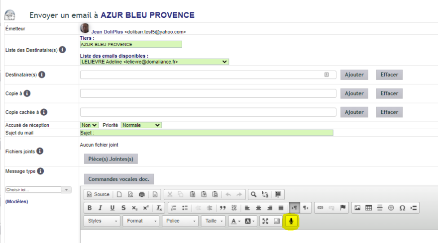 Bouton de dict&eacute;e vocale dans l'&eacute;diteur de texte DoliPlus