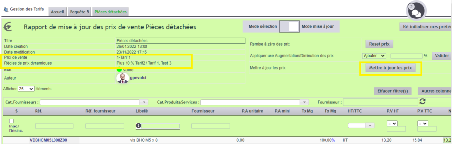 mise &agrave; jour d'un tarif avec les prix de vente dynamiques dans DoliPlus