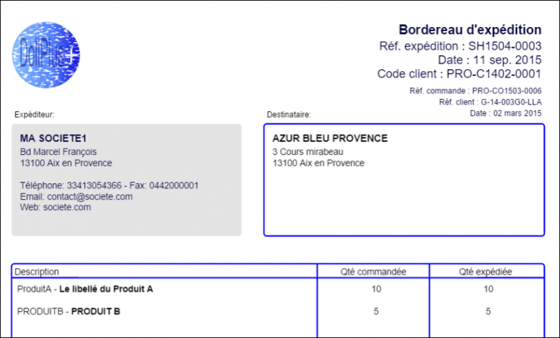 Document d'exp&eacute;dition de la gestion de stock DoliPlus