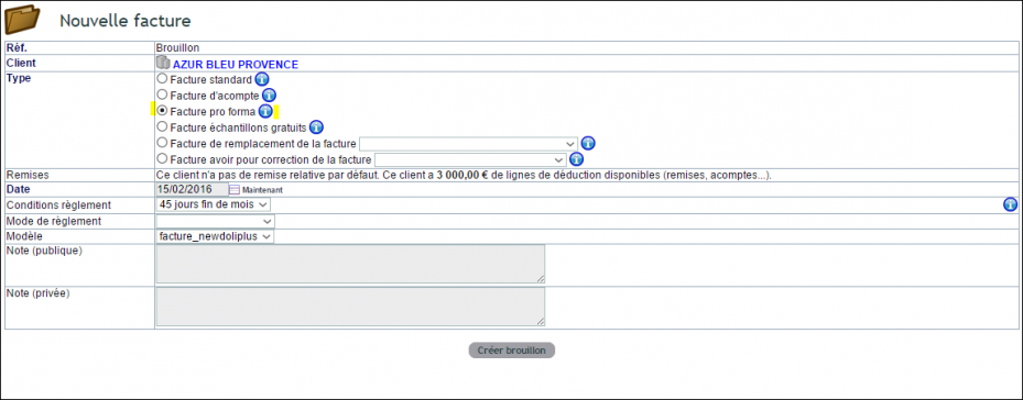 facture pro forma &eacute;dit&eacute;e depuis la fiche client dans DoliPlus