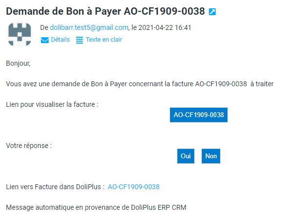 Notification de bon &agrave; payer par mail