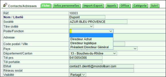 normaliser les fonctions des contacts dans DoliPlus : liste d&eacute;roulante