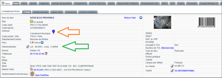 g&eacute;olocalisation d&rsquo;un tiers depuis le champ adresse de la fiche dans DoliPlus