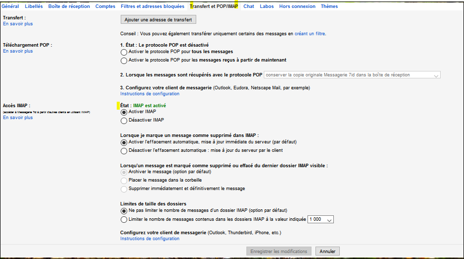 Activation IMAP dans Gmail pour le compte de messagerie Gmail
