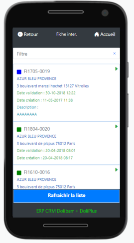 liste des interventions sur l'application mobile DoliPlus