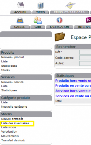 Liste des inventaires dans le menu Stocks