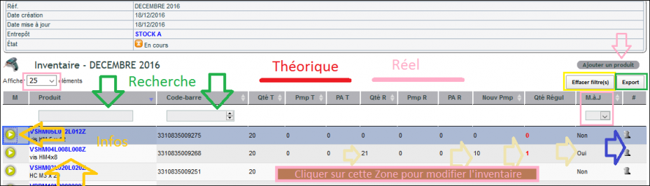 Tableau dynamique de saisie d'inventaire