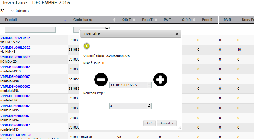Zone de saisie des quantit&eacute;s et du PMP