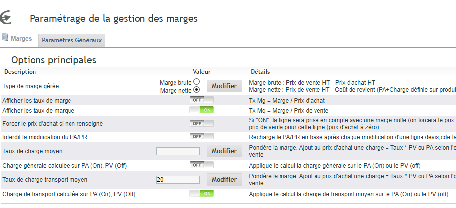 Console d'administration du calcul de marge DoliPlus