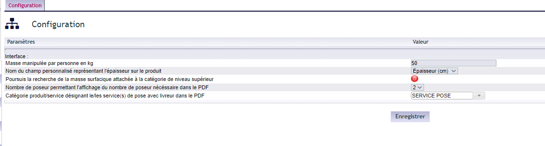 configuration des masses surfaciques pour le calcul des poids dans DoliPlus
