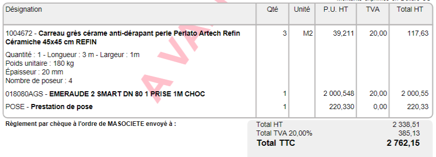 d&eacute;tail du calcul des surfaces et poids sur le PDF DoliPlus