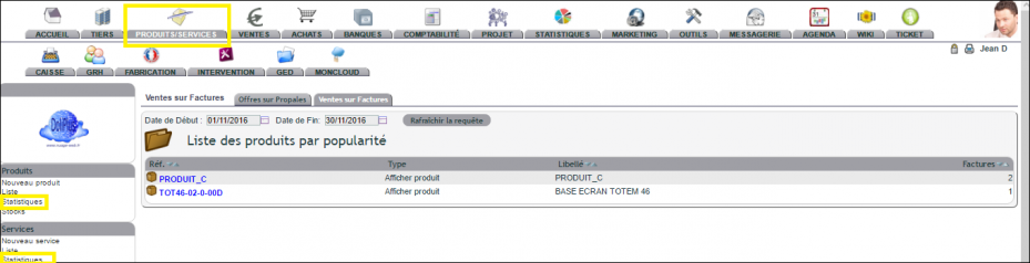 meilleures ventes affich&eacute;es depuis le menu Produits/Services dans DoliPlus