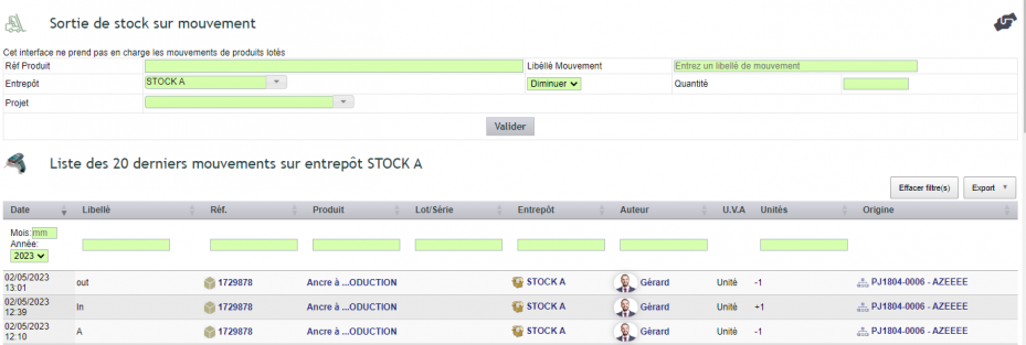 Saisie d'un mouvement de stock dans DoliPlus