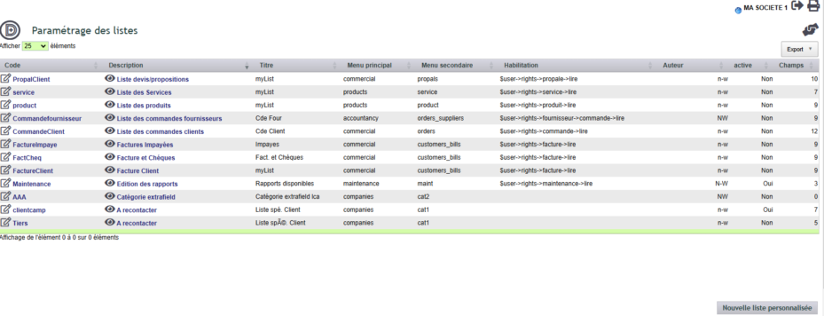 menu des listes personnalis&eacute;es dans DoliPlus