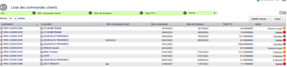 exemple de liste personnalis&eacute;e affich&eacute;e dans DoliPlus
