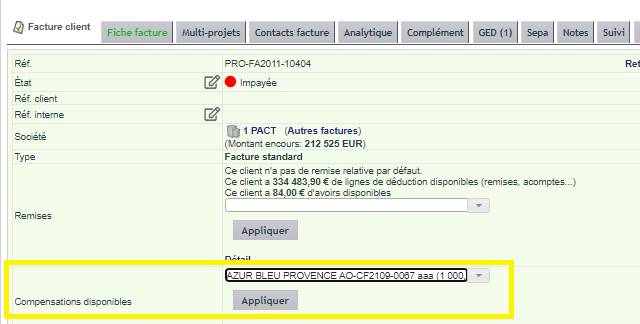 appliquer la compensation entre cr&eacute;ances et dettes sur une facture client