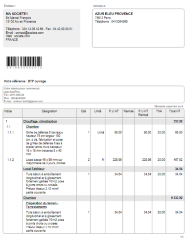 document PDF d'un devis b&acirc;timent dans DoliPlus