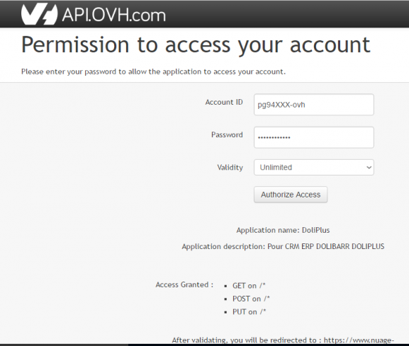 Page de consentement OVH lors de l'authentification