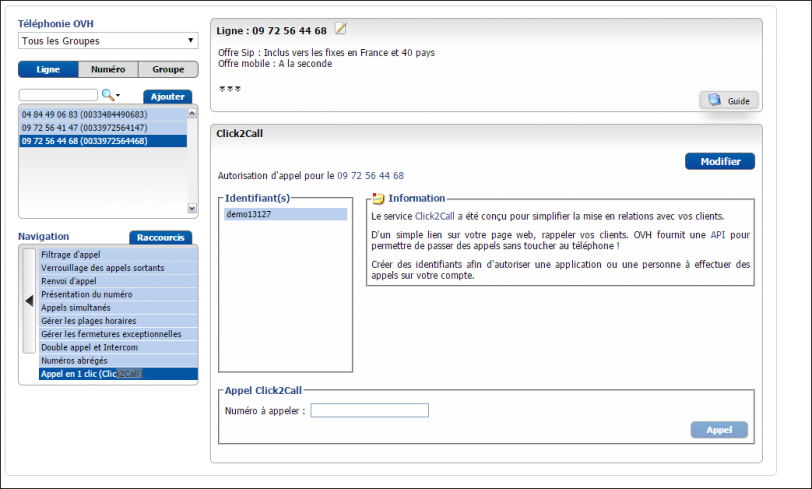 T&eacute;l&eacute;phonie OVH dans DoliPlus : activation de l'option Click2Call sur la ligne