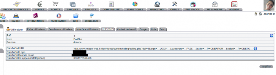 Onglet ClickToDial de la fiche utilisateur dans DoliPlus