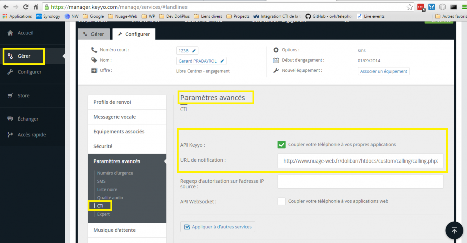 T&eacute;l&eacute;phonie Keyyo dans DoliPlus : saisie de l'URL de notification c&ocirc;t&eacute; Keyyo