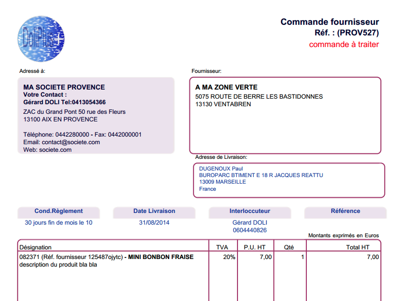 Documento PDF de un pedido a proveedor en DoliPlus