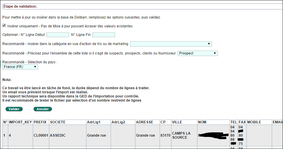 Validazione del file per importare contatti DoliPlus
