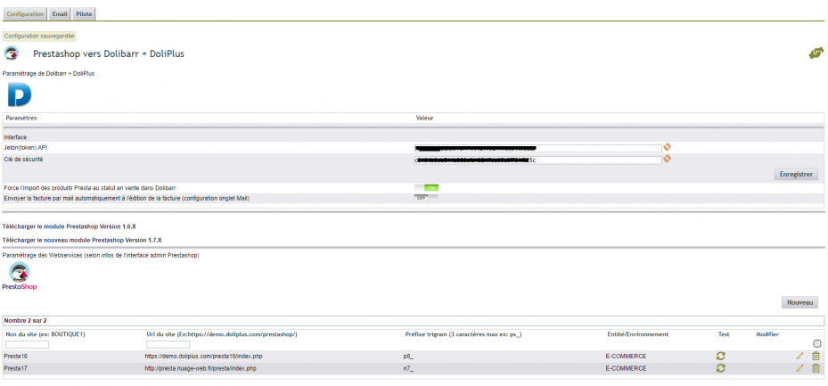 Connecteur Prestashop 1.7 : g&eacute;n&eacute;ration du jeton et de la clef de s&eacute;curit&eacute; dans DoliPlus