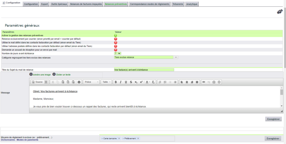 configuration de la relance pr&eacute;ventive de factures dans DoliPlus