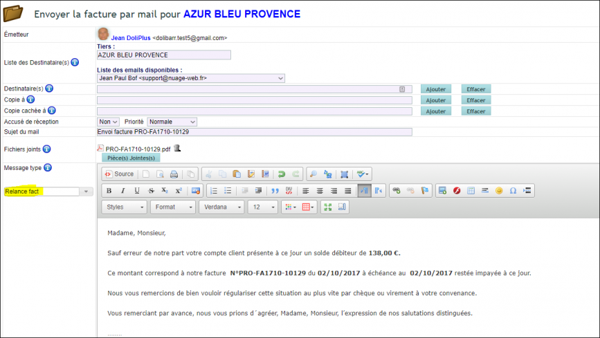 Envoi d'une relance manuelle de factures dans DoliPlus