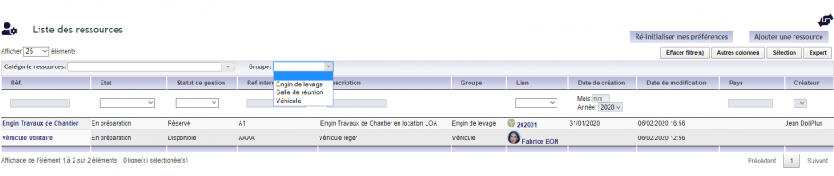 vue en liste de la gestion des ressources dans DoliPlus