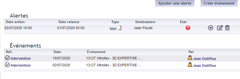 Tableau de suivi des alertes SMS sur interventions DoliPlus