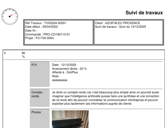 Document PDF d'un suivi de chantier DoliPlus