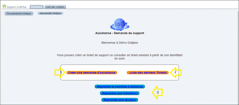 acc&egrave;s au support pour une demande d&rsquo;assistance dans DoliPlus