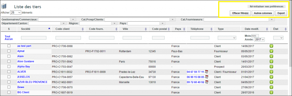 tableaux dynamiques : barre d'outils d'une liste dans DoliPlus