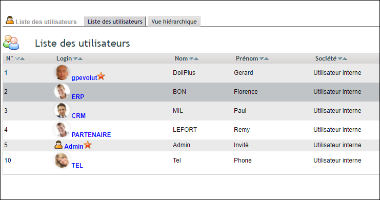 Gestion des utilisateurs dans DoliPlus : liste des comptes