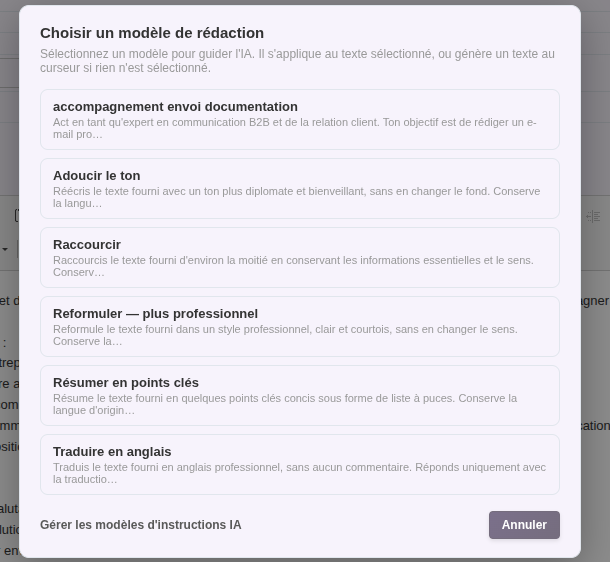 assistant de r&eacute;daction IA : choix d'un mod&egrave;le de r&eacute;daction dans l'&eacute;diteur DoliPlus
