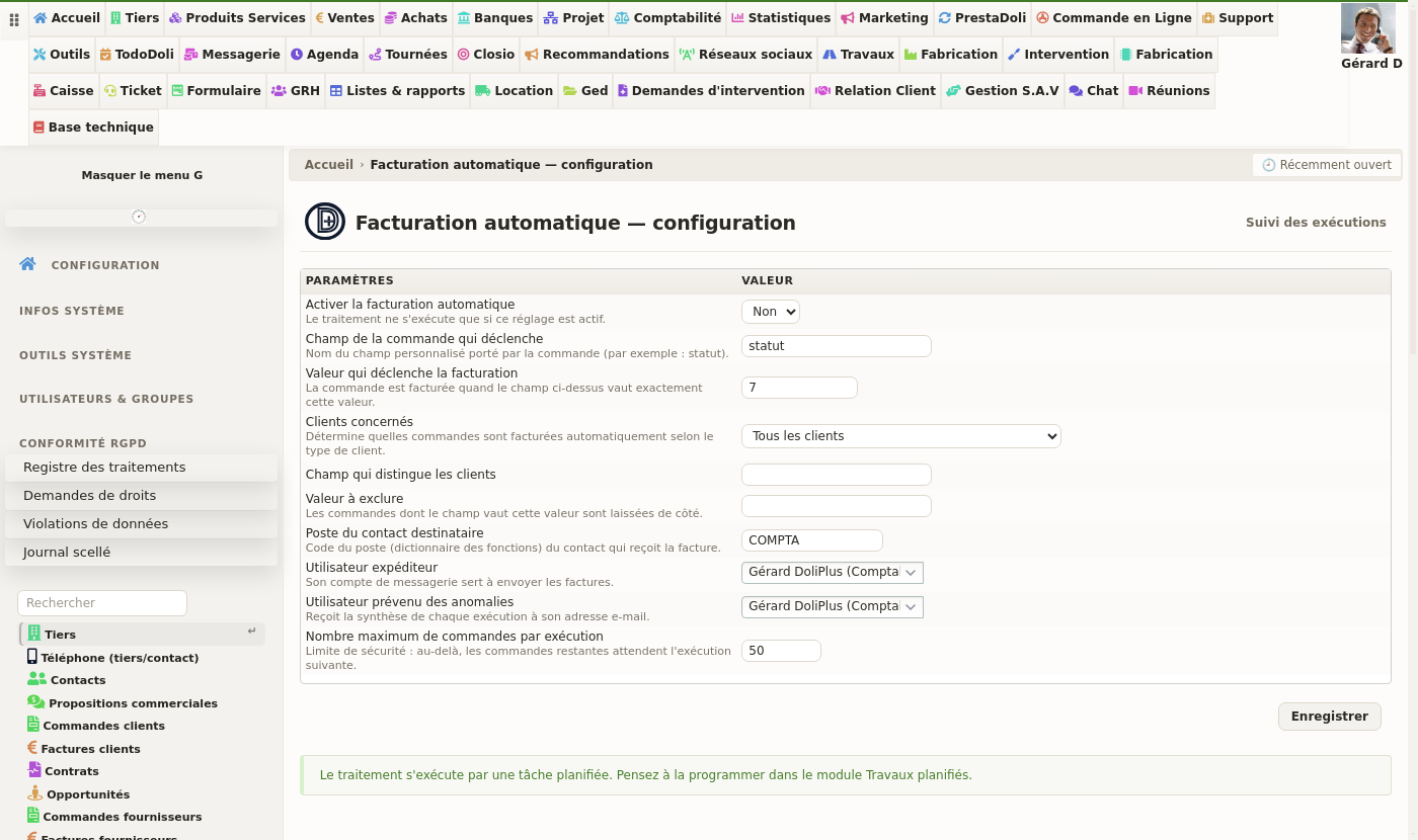 Facturation automatique des commandes : l&rsquo;&eacute;cran de configuration dans DoliPlus