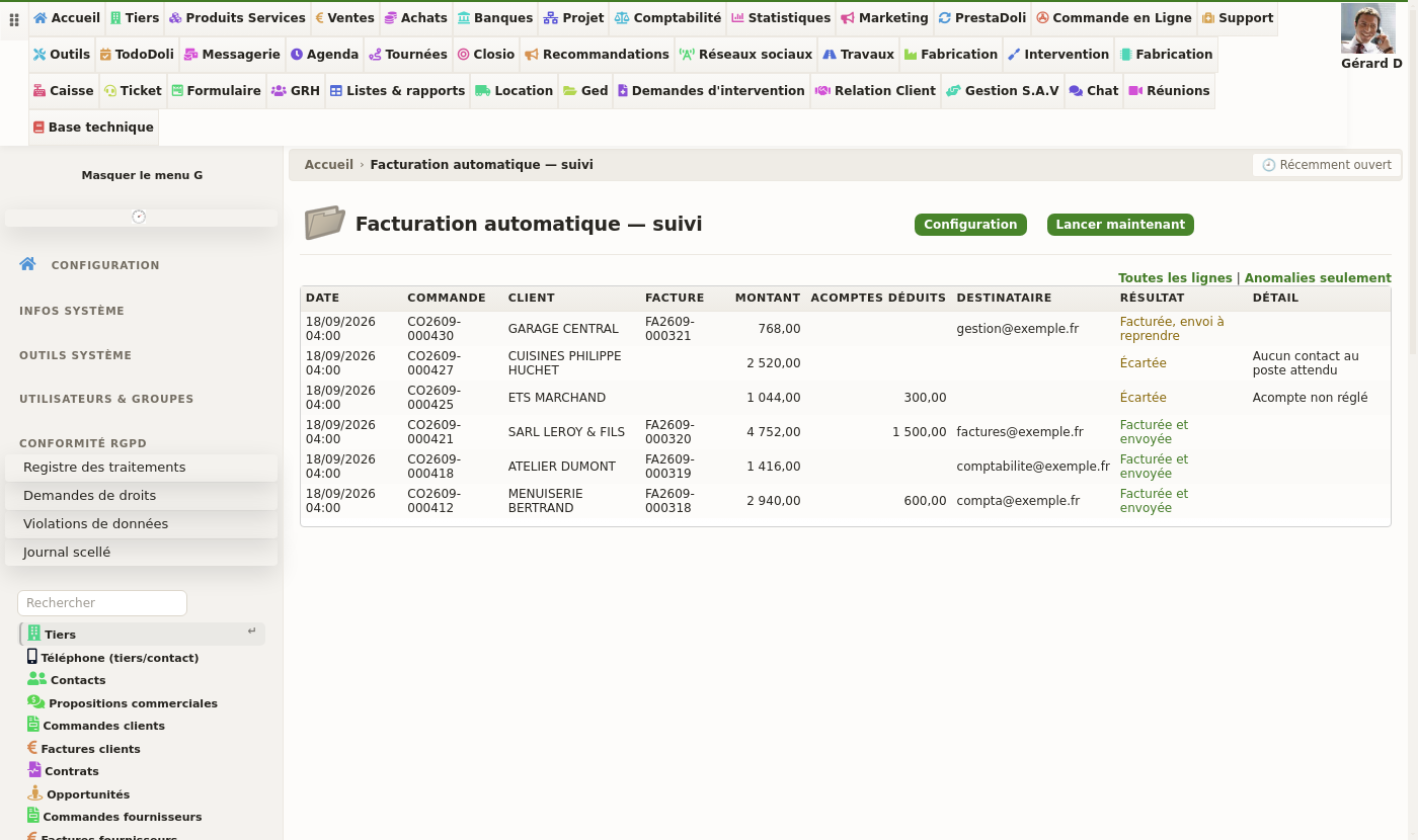 Facturation automatique des commandes : l&rsquo;&eacute;cran de suivi des ex&eacute;cutions dans DoliPlus